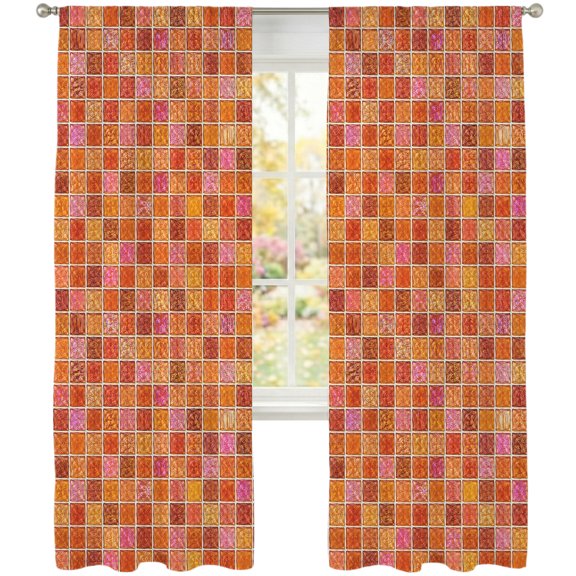 Orange Plaid Sheer Curtains 84 Inches Long 2 Panels, Deep Red Orange Grid Emerald Green Bolck Rustic Semi Sheer Rod Pocket Window Curtains Light Filtering Drapes for Living Room Bedroom