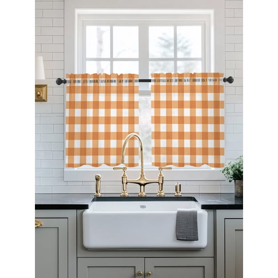 Orange Plaid Sheer Kitchen Tier Curtains 36 Inch length,Rod Pocket Half Curtains Short Drapes,Gradient Geometric Buffalo White Checkered Light Filtering Small Window Treatments 2 Pcs 27.5"W x 36"L