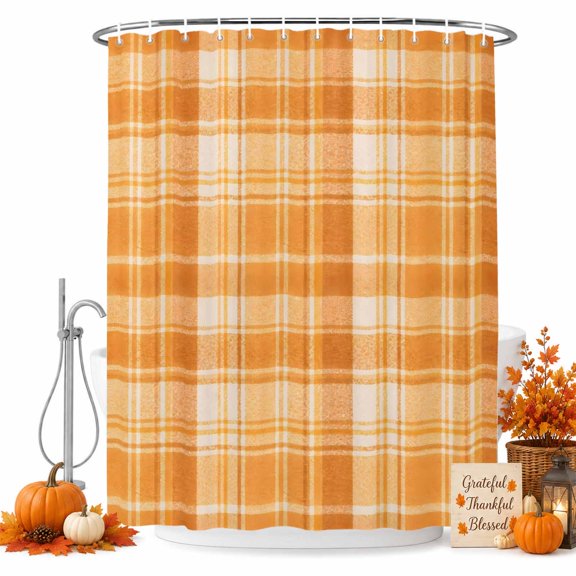 Orange Plaid Shower Curtain for Bathroom, Classic Amber Orange Grids Gingham Rustic Country Waterproof Cloth Fabric Bathroom Accessories Set with 9 Rust Proof Plastic Hooks, 36"x72"