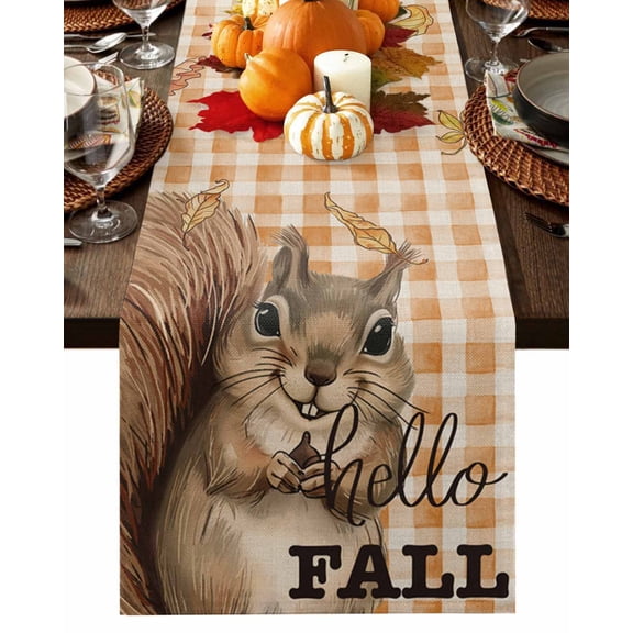 Orange Plaid Squirrel Table Runner-Cotton Linen- 48 Inch Holiday Dresser Scarves, Thanksgiving Buffalo Checkered Leaves Tablerunner for Kitchen Coffee/Dining Living Room Dinner Scarf Décor 13x48