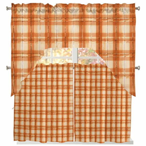 Orange Plaid Swag Curtains for Living Room/Bedroom Windows, Autumn Gingham Grids Modern Kitchen Curtains and Valances Set 36 Inch Length, Light Filtering Swags Valance Curtain Panels