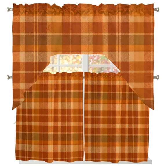 Orange Plaid Swag Kitchen Curtains Sets for Windows 24 Inch Length, Modern Thanksgiving Grids Striped Short Window Curtain Panels Swags Valances and Tiers 3 Piece Set for Cafe/Dining Room