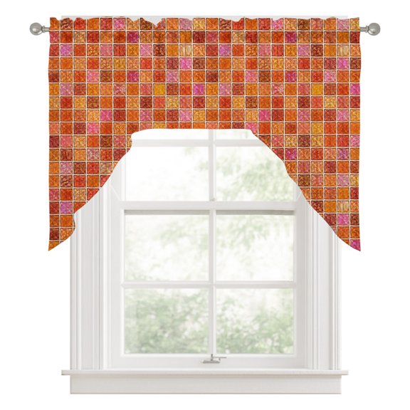 Orange Plaid Swag Valance for Windows, Deep Red Orange Grid Emerald Green Bolck Rustic Swag Curtains Valances for Small Window Treatment Rod Pocket for Kitchen Bathroom 1 Panel 56x36in
