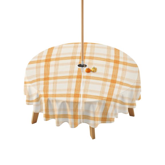 Orange Plaid Table Cloth Round Tablecloth, Fall Gingham Grids Striped Farmhouse Waterproof Wrinkleproof Table Cover with Umbrella Hole and Zipper for Party/Dining/Patio/Wedding 54 Inch