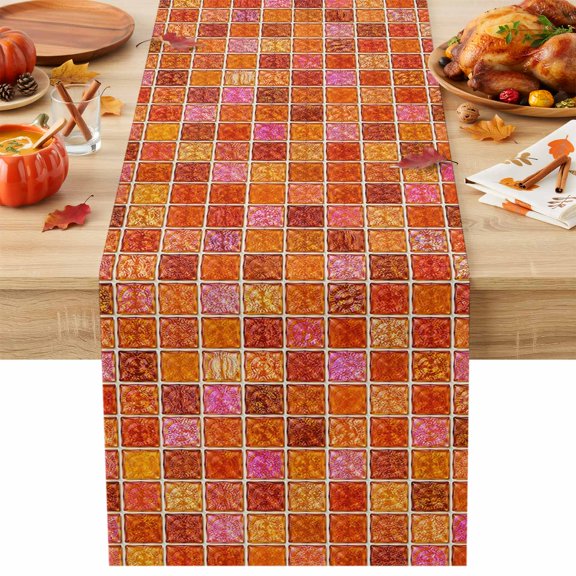 Orange Plaid Table Runner 13x36 Inch Deep Red Orange Grid Emerald Green Bolck Rustic Cotton Linen Dining Table Runner Ideal for Dresser Kitchen Coffee Tables - Machine Washable