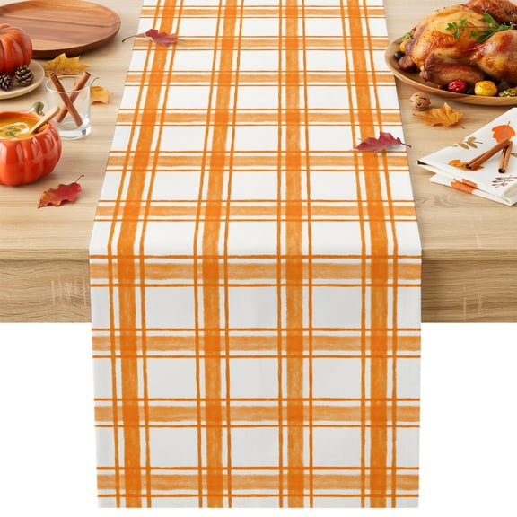 Orange Plaid Table Runner, Fall Mustard Yellow Grids Crossing Lines Blocks Cotton Linen Kitchen Table Decoration Washable Dining Tabletop Runners for Home Party Decor 13x60 Inches