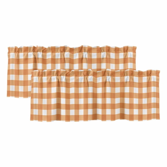 Orange Plaid Valances for Windows, Decorative Rod Pocket Window Valance Curtains, Gradient Geometric Buffalo White Checkered Short Curtain Drapes for Kitchen/Living Room, 2 Panels, 42" W x 18" L
