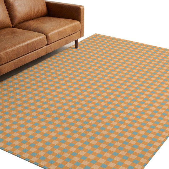 Orange Plaid Washable Area Rug 8 x 10 ft Fall Beige Blue Grid Woven Taxture Rustic Farmhouse Soft Non‑Slip Rugs Stain Repellent Indoor Mats for Open Concept Home, Dining Space, Basement Lounge
