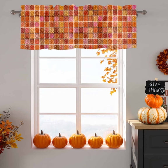 Orange Plaid Window Valance for Kitchen, Deep Red Orange Grid Emerald Green Bolck Rustic Rod Pocket Short Curtains for Bathroom Bedroom Small Window, Light Filtering Decorative Valances, 42x12 Inches