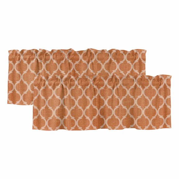 Orange Plaid Window Valance, Retro Country Moroccan National Geometrical Plaid 2 Pack Decorative Curtain for Small Windows, Light Filtering Valance with 3” Rod Pocket, 42"W x 12"L