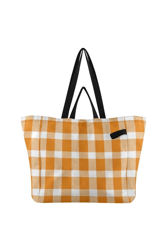 Orange Plaids Foldable Canvas Tote Bags Reusable Grocery Bags Laundry Bags Beach Bag 32L