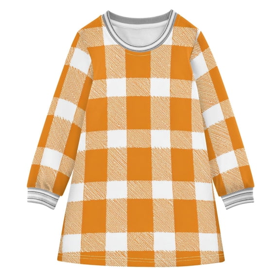 Orange Plaids Long-sleeved Dress A-line One-Piece Dress for 2-8 Years Casual Party 2T