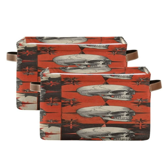 Orange Plaids Skulls Vintage Square Storage Bins with Handles Collapsible Containing Box 2 Packs