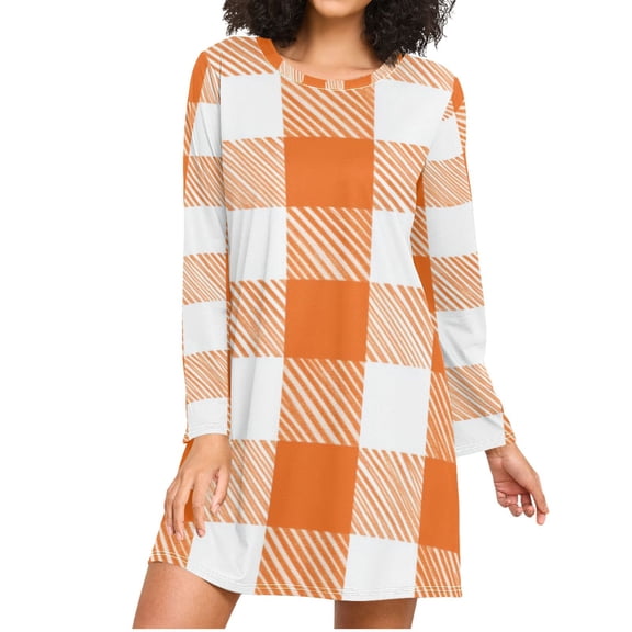 Orange Plaids with Stripes Women's Long Sleeves Nightgowns Sleepwear Soft Pajama A-line Sleep Dress XXXL