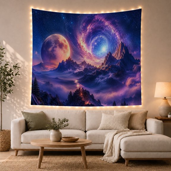 Orange Planet and Nebula Over Mountains, Mystical Illustration for Space Lovers, Galactic Vista Wall Art, Housewarming Gift, Tapestry Wall Hanging for Gaming Room and Studio