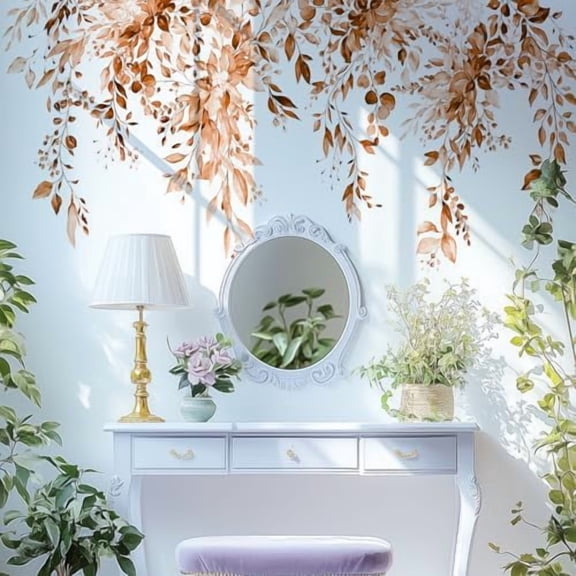 Orange Plants Leaves Wall Decals Peel and Stick, Large Floral Flowers Vinyl Wall Stickers, Removable Vine Home Decor Art for Bedroom Living Room Classroom Office