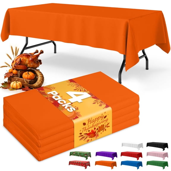 Orange Plastic Table Cloth - 4 Pack 54" × 108" Rectangle Disposable Tablecloths for 6FT Tables, Table Cover for Party, Holiday & Gathering Use