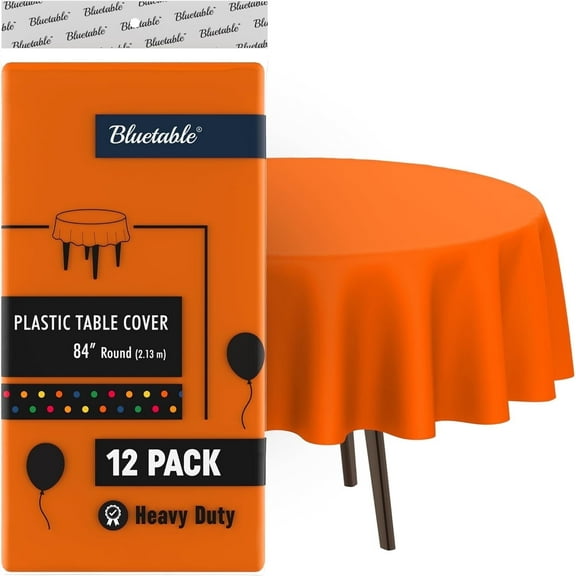 Round Plastic Tablecloth Orange Disposable (12 Pack) Bulk - Heavy Duty Table Cloth (84” Inches) Round Tables Tablecloths