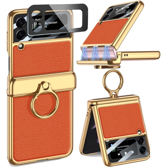 Orange Plated Hinged Case Compatible Samsung Galaxy Z Flip 3 5G Magnetic Case with Ring,Screen Protector Full Body Protective Samsung Flip 3 Case Cover,Phone Case for Galaxy Z Flip 3 Stand Case