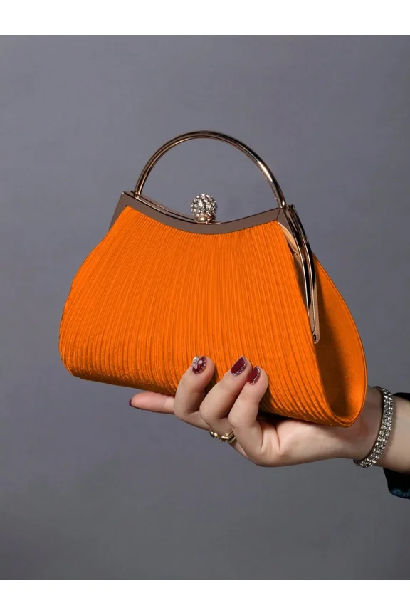 Orange Pleated Metal Frame Clutch Evening Handbag With Crystal Closure
