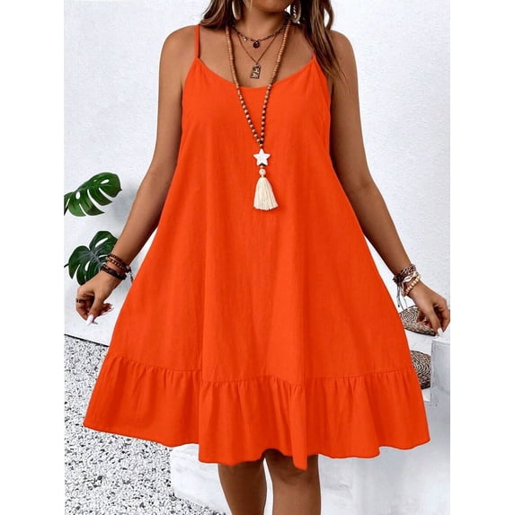 Orange Plus Size Casual Spaghetti Strap A-Line Dress With Ruffle Hem