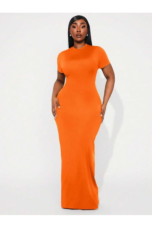 Orange Plus Size Fitted Maxi Dress With Short Sleeves And Crew Neck For Formal Or Casual Chic