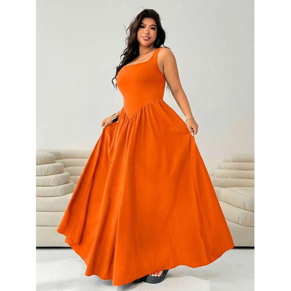 Orange Plus Size Sleeveless Square Neck A-Line Maxi Dress For Women Summer Flowy Long Dress