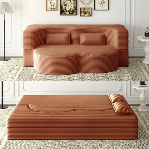 Orange Plush Corduroy Convertible Floor Sofa Bed - 78" Full Size No-Assembly Sleeper with 2 Pillows for Living Room, Guest Room, Apartment, Gaming, Space Saving