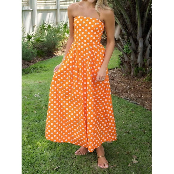 Orange Polka Dot Strapless A-Line Maxi Dress For Women