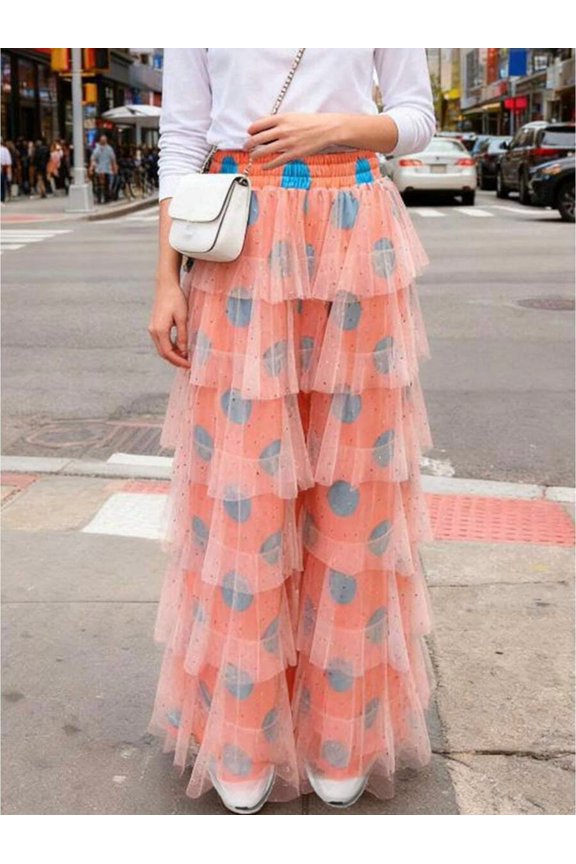 Orange Polka Dot Tulle Tiered Wide Leg Pants High Waist Loose Fit