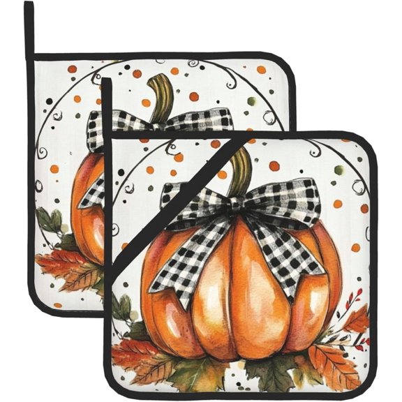 Orange Polka Dots Fall Pumpkin Pot Holders Set of 2 Maple Leaves Kitchen Decorative Heat Resistant Potholder Cotton Lining Oven Hot Pads for Cooking Baking Microwave BBQ Holiday Decors