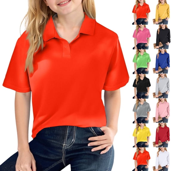Orange Polo Shirts Girls Short Sleeve School Uniform Shirt Classic Color Button Down Top Comfortable Tee 6-11 Years