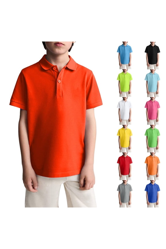 Orange Polo Shirts for Boys Back to School Uniform Short Sleeve Collared T-Shirt Junior, Front Button Closure 6-11 Years