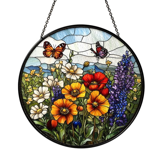 Orange Poppies Bluebonnet Faux Stained Glass Suncatcher, Window Hanging Decor Inspired by Meadow Blooms