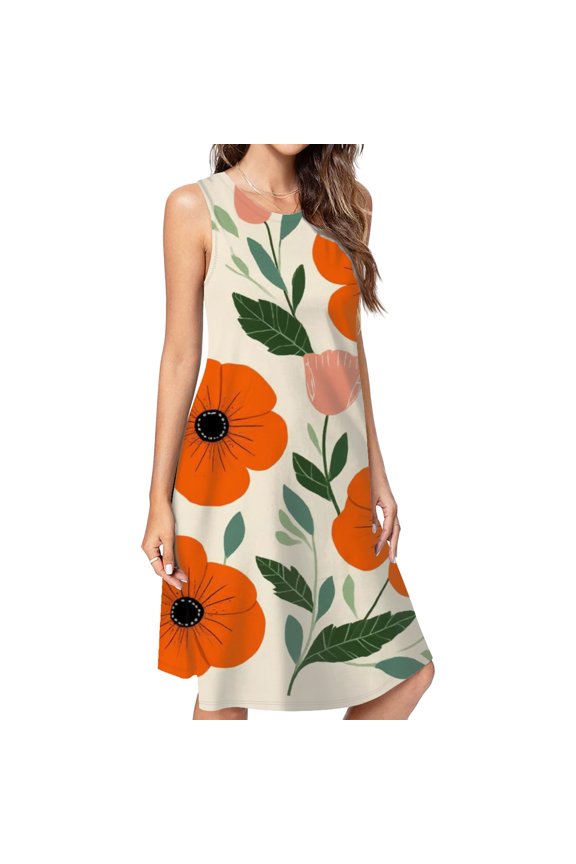 Orange Poppies Floral Art Print Casual Sleeveless Loose Sundress Dress For Women Summer Dress Daily Woman