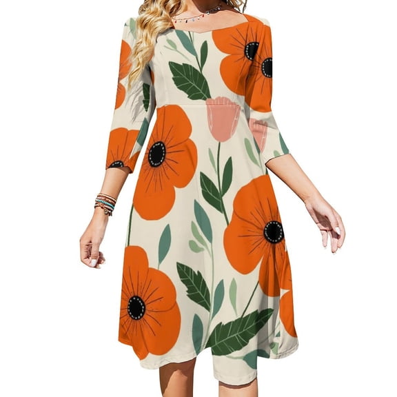Orange Poppies Floral Art Print Women's Fall Dresses Casual Loose Flowy Swing Shift Dress
