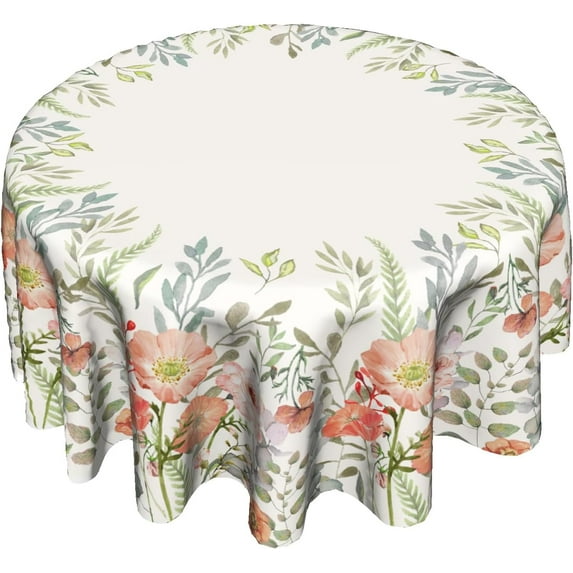 Orange Poppy Flowers Tablecloth 60 Inch Autumn Floral Green Leaves Botanical Farmhouse Wrinkle Resistant Table Cover Fall Seasonal Decor for Home Kitchen Dining Party Picnic