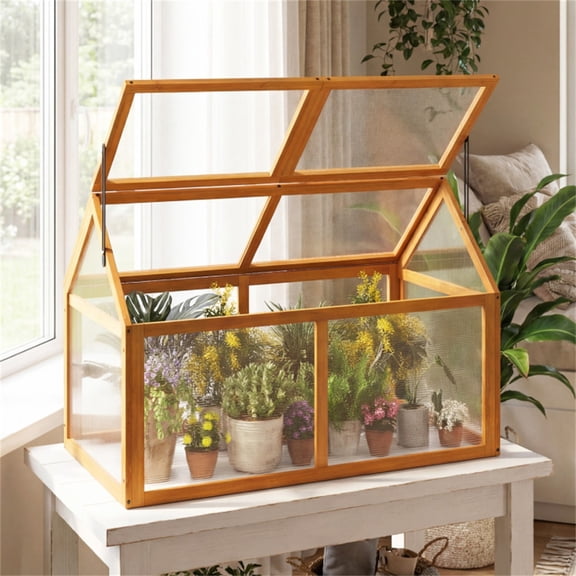 Orange Portable Garden Hot House, Sturdy Wooden Greenhouse for Vegetables Fruits Flowers (40"x21"x28")