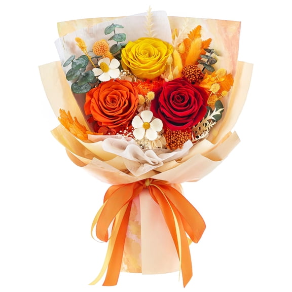 Orange Preserved Roses Bouquet Gift Set for Birthdays, Holidays and Special Occasions