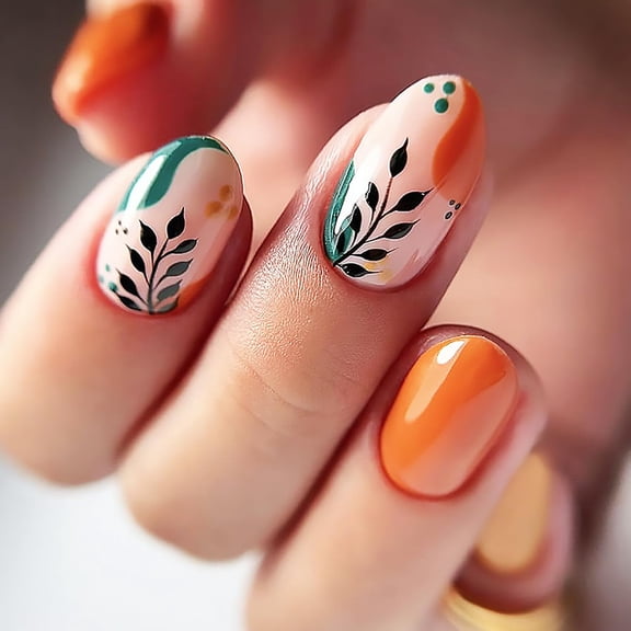 Orange Press on Nails Oval Short Fake Nails Glossy False Nails With Green Leaves Designs Full Cover Stick on Nails Acrylic Green Leaf Artificial Nails for Women Glue on Nails 24Pcs Multicolor Orange