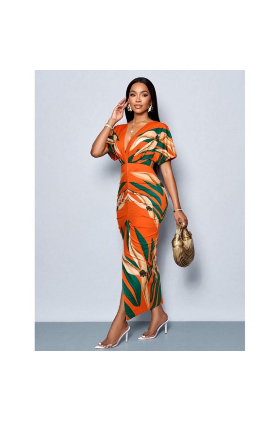 Orange Printed V-Neck Split Thigh Bodycon Party Dress For Spring Summer Holiday