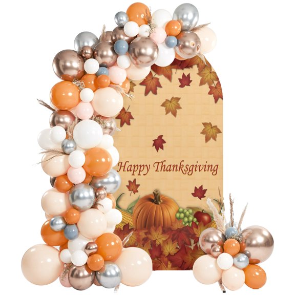 Orange Pumpkin Arch Backdrop Cover 4 FT, Happy Thanksgiving Fall Maple Leaf Corn Plant Wedding Arch Cover Stretchy Backdrop Stands Covers for Birthday Party Ceremony Banquet Decor