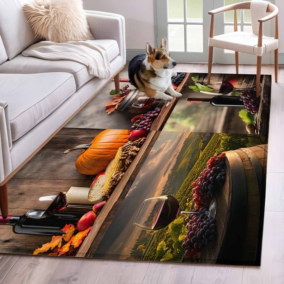 Orange Pumpkin Area Rug 4x6 Washable Rug Non Slip Farmhouse Grapes Glass Country Large Area Rug Indoor Floor Carpet for Entryway Bedroom Kitchen Living Room Home Office Dining Room Nursery