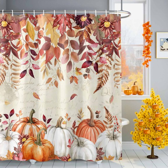 Orange Pumpkin Autumn Thanksgiving Shower Curtain for Bathroom, Fall Leaves Vintage Letter Waterproof Shower Curtains Washable Quick Dry with Hooks Bathtub Curtains 60x72 IN