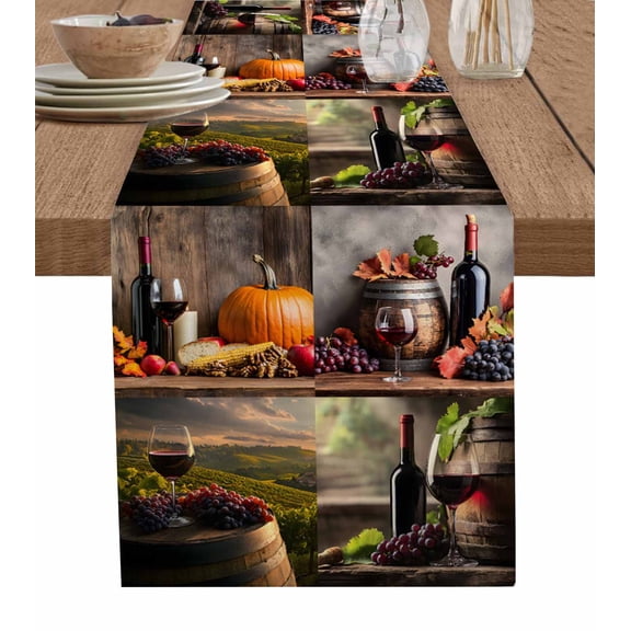 Orange Pumpkin Burlap Cotton Table Runner 14x72 Inches Long, Farmhouse Grapes Glass Country Farmhouse Table Runners, Outdoor Dining Tablecloths Decor for Baby Shower/Party/Wedding