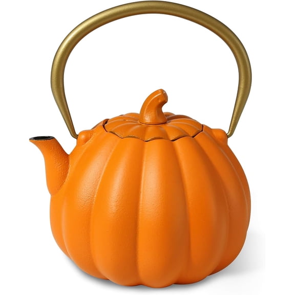 Orange Pumpkin Cast Iron Teapot with Infuser - 40oz Japanese Iron Tea Kettle with Enamel Interior, Cute Halloween Teapot for Loose Tea & Coffee, Stainless Steel Filter, Stove Safe (Orange)