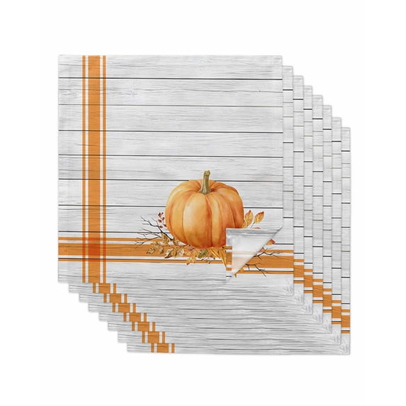 Orange Pumpkin Cloth Napkins Set of 8 Reusable Dinner Napkins, Thanksgiving Fall Maple Leaves Stripe Cocktail Napkin Washable Table Napkins for Wedding/Holiday Party/Baby Shower 20"x20"