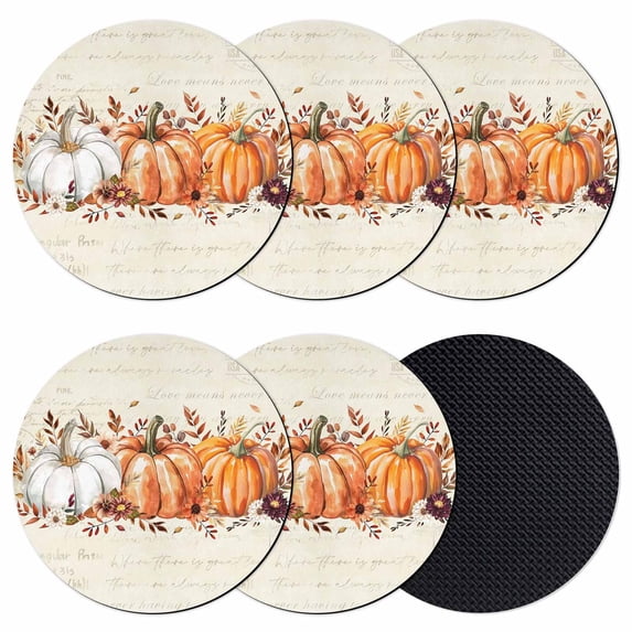 Orange Pumpkin Coasters Set of 6, Absorbent Coasters for Drinks, Thanksgiving Fall Leaves Floral Beige Coaster for Desk Coffee Table Protection, Home Decor House Warming Gifts 4"