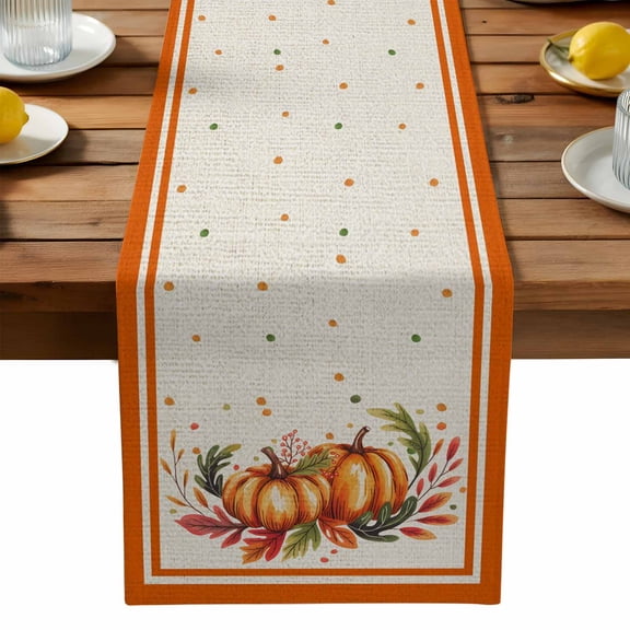Orange Pumpkin Cotton Linen Table Runner for Dining Kitchen, Autumn Maple Leaf Thanksgiving Farm Wedding Outdoor Party Tablerunners Decoration, Dresser Scarf Coffee Tablecloth Runners 13x48 Inches