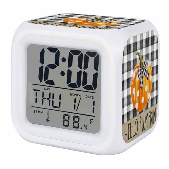 Orange Pumpkin Digital Alarm Clock for Bedrooms, Smart LED Alarm Clock with 7 Color Changing Night Light, Fall Thanksgiving Dot Black White Check Silent Wake Up Clocks for Sleep Study Cooking